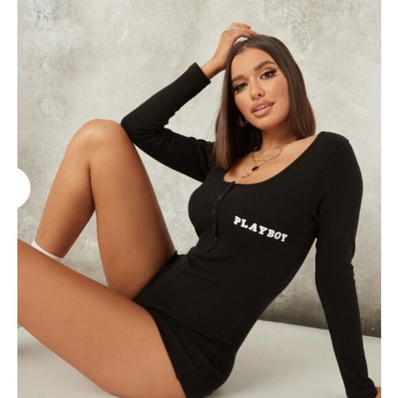 SALE Playboy x Missguided Black Long Sleeve Snap Front Romper Scoop Neck SZ 12 - Picture 4 of 10